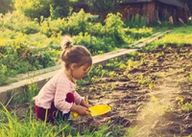 a little girl is playing in the dirt in a garden .