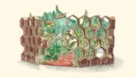 a drawing of a garden with a fence made of honeycombs and plants .
