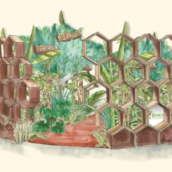 a drawing of a garden with a fence made of honeycombs and plants .