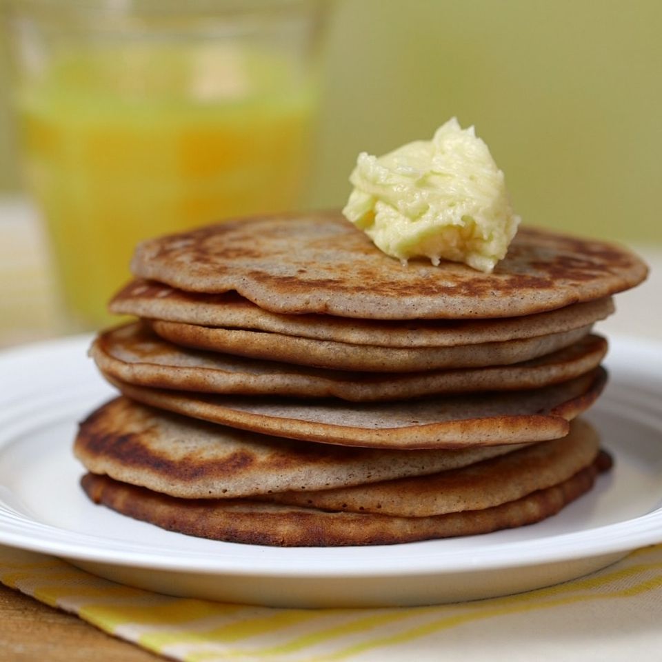 Buckwheat and coconut pancakes with whipped honey butter