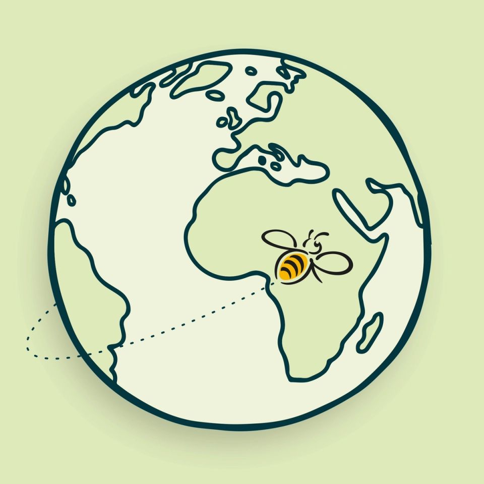 a drawing of a globe with a bee on it .
