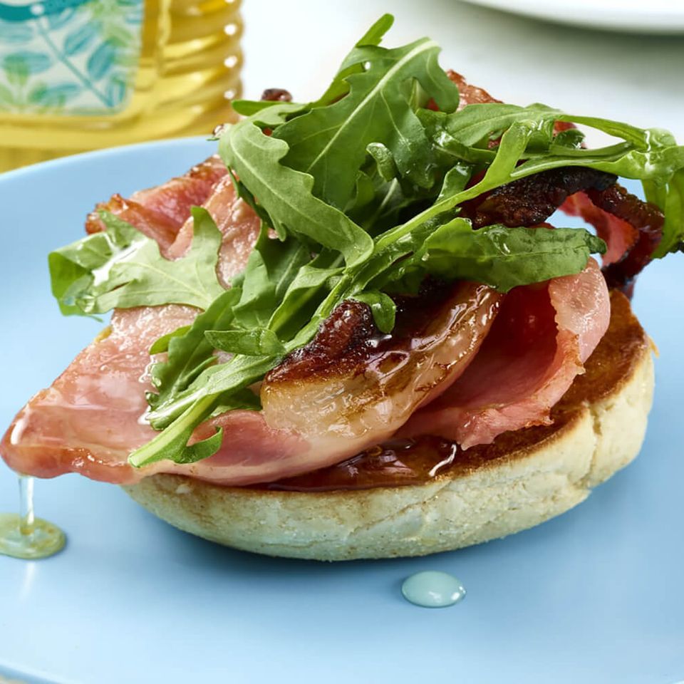 Rowse Acacia Honey glazed bacon on English muffin
