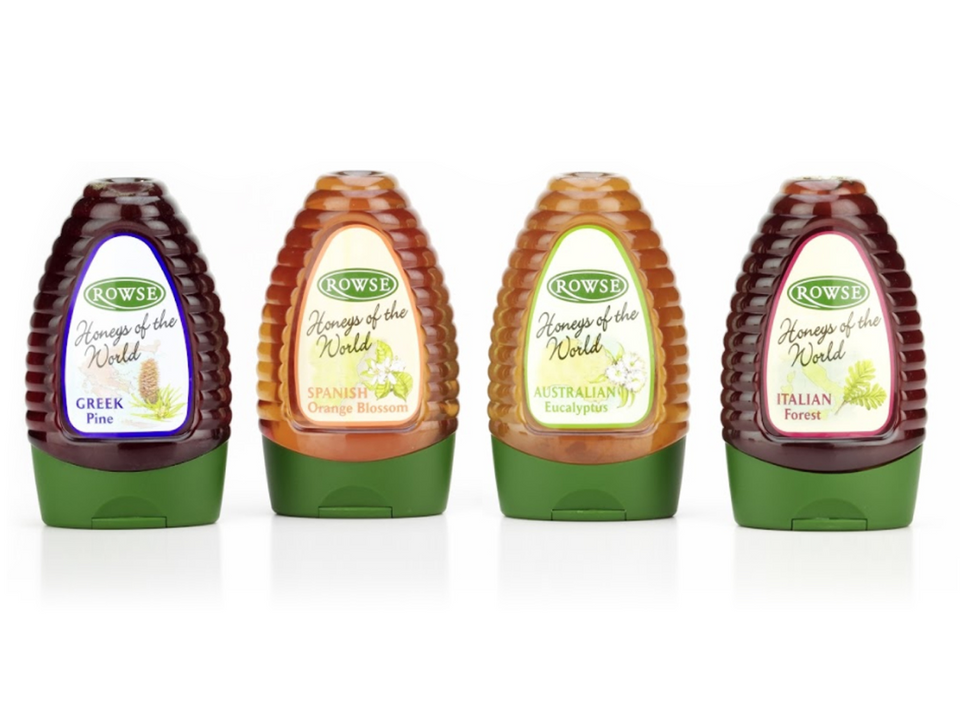 four rowse honeys of the world bottles with different flavors