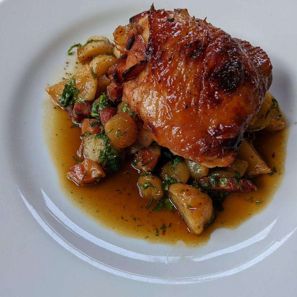 Dark & Rich Honey Chicken Thighs, Smoked Bacon & Turnips