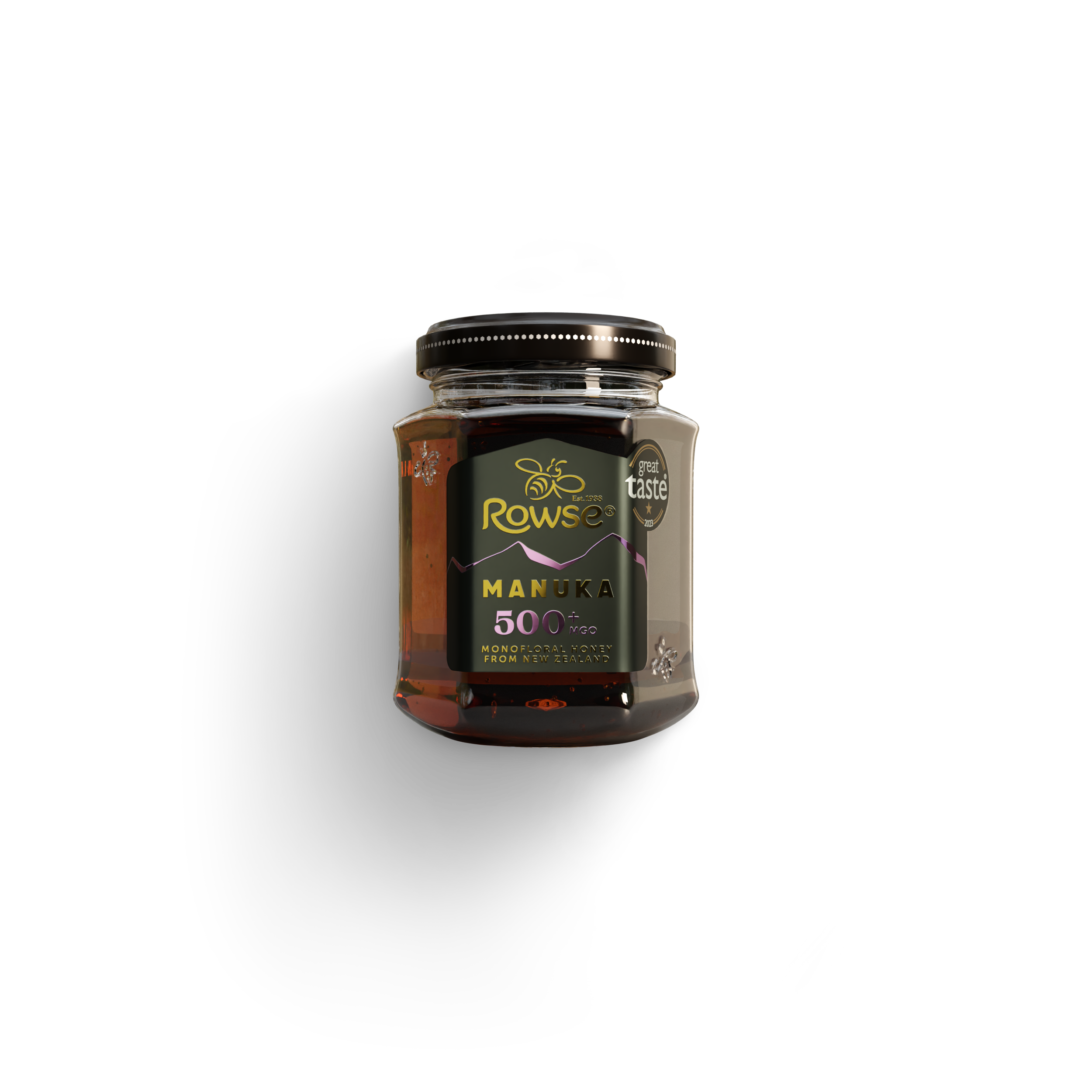 A jar of Rowse Manuka Honey 500 MGO on a white background.