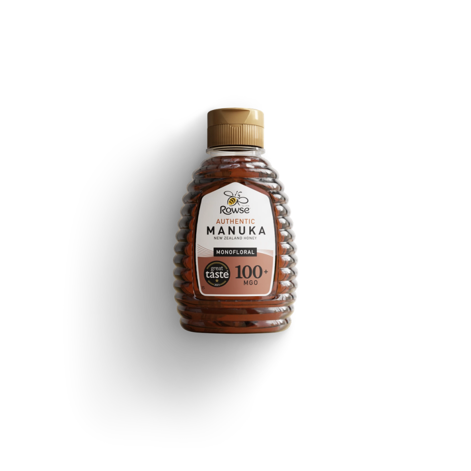 a bottle of Rowse 100+MGO Monofloral Manuka Honey Squeezy