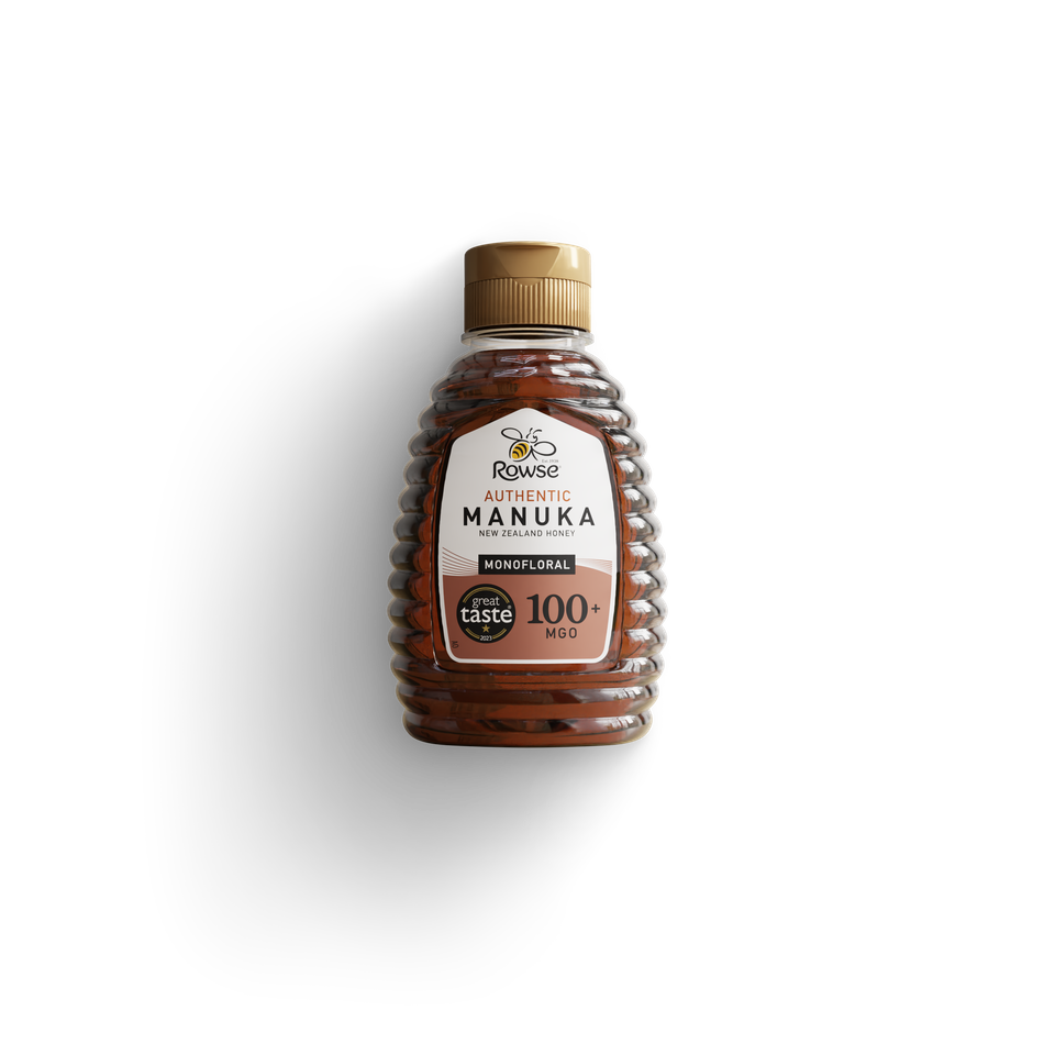 a bottle of Rowse 100+MGO Monofloral Manuka Honey Squeezy