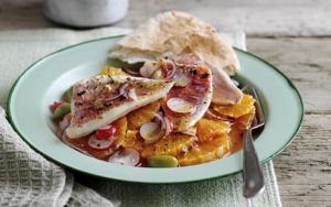 Baked red mullet with orange and red onion salad