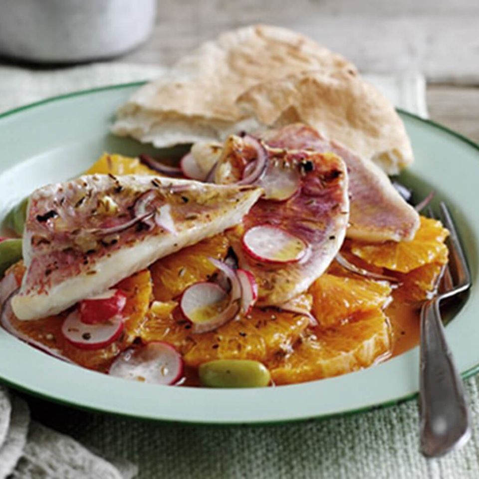 Baked red mullet with orange and red onion salad