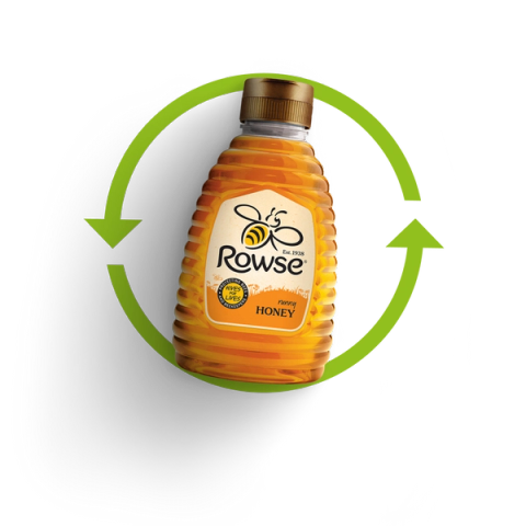Rowse honey bottle with green recycling logo behind it