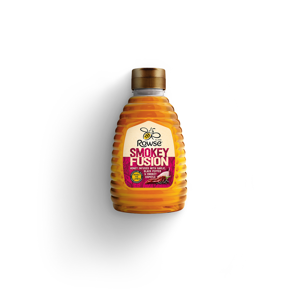 a bottle of rowse smokey fusion honey