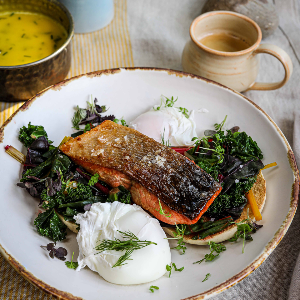 Honey glazed salmon benedict