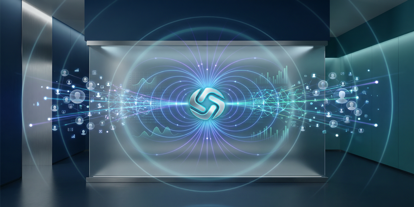 Glowing brand symbol with magnetic field lines radiating outward attracting customer profile icons and digital connections through AI neural networks in electric blue and teal