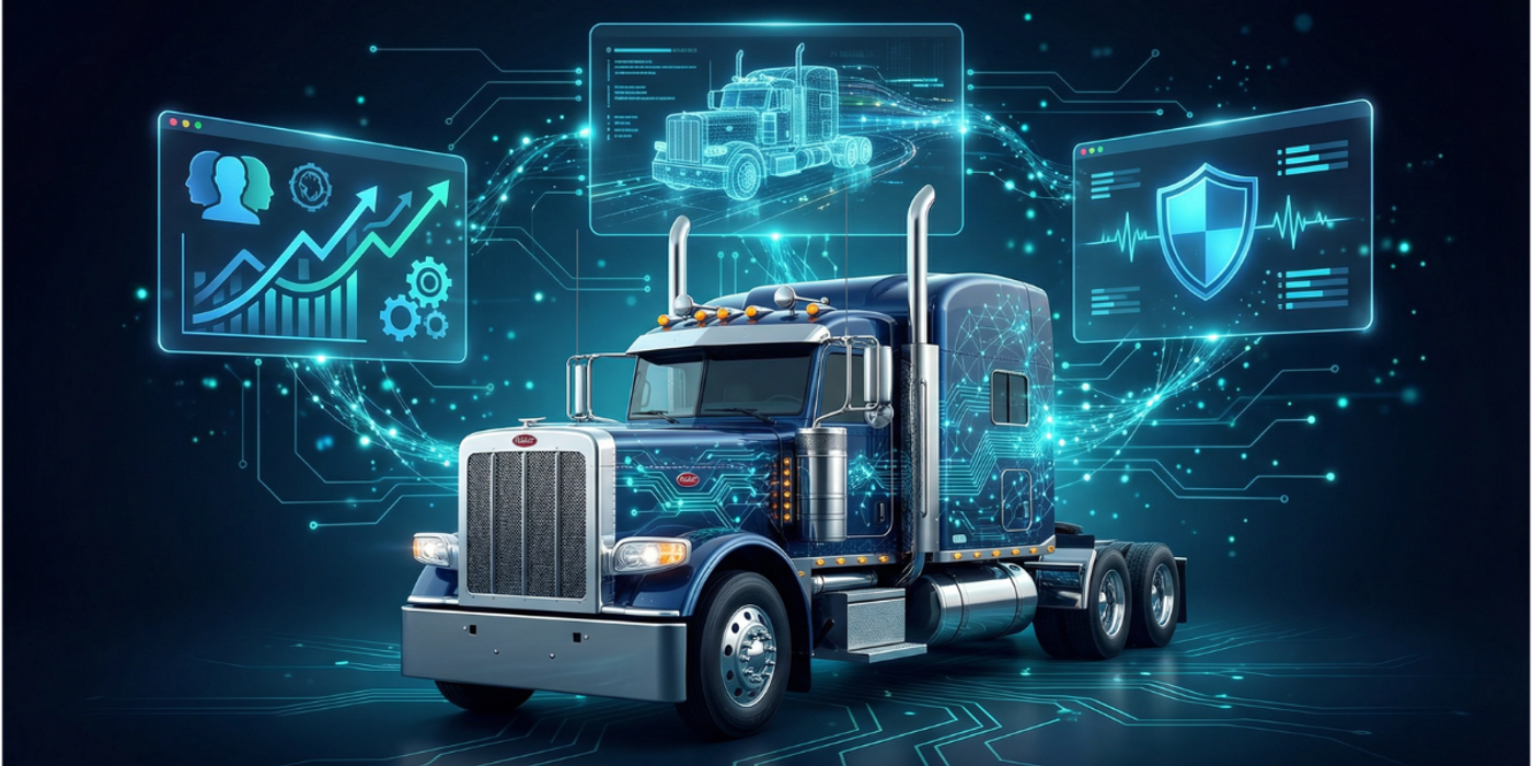 Modern American Peterbilt semi-truck with holographic AI interfaces showing recruiting analytics, team engagement networks, and safety monitoring dashboards in futuristic teal and navy blue