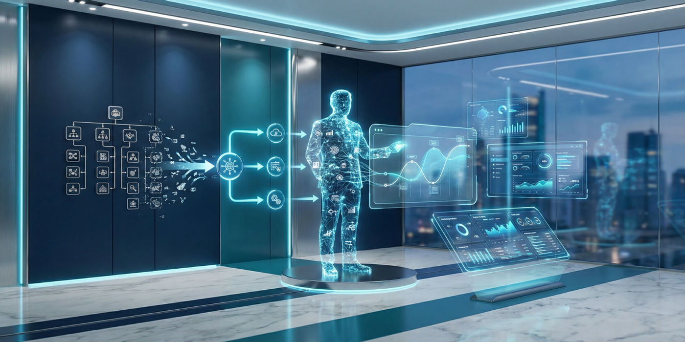 Holographic business executive figure with AI neural network overlay transforming traditional organizational charts into streamlined AI-powered marketing dashboards in corporate teal and navy blue
