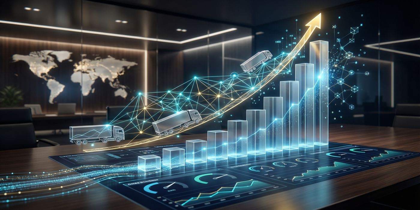 Holographic data visualization showing exponential growth with rising bar charts, upward trending arrows, logistics truck silhouettes, and AI network connections in corporate teal and gold