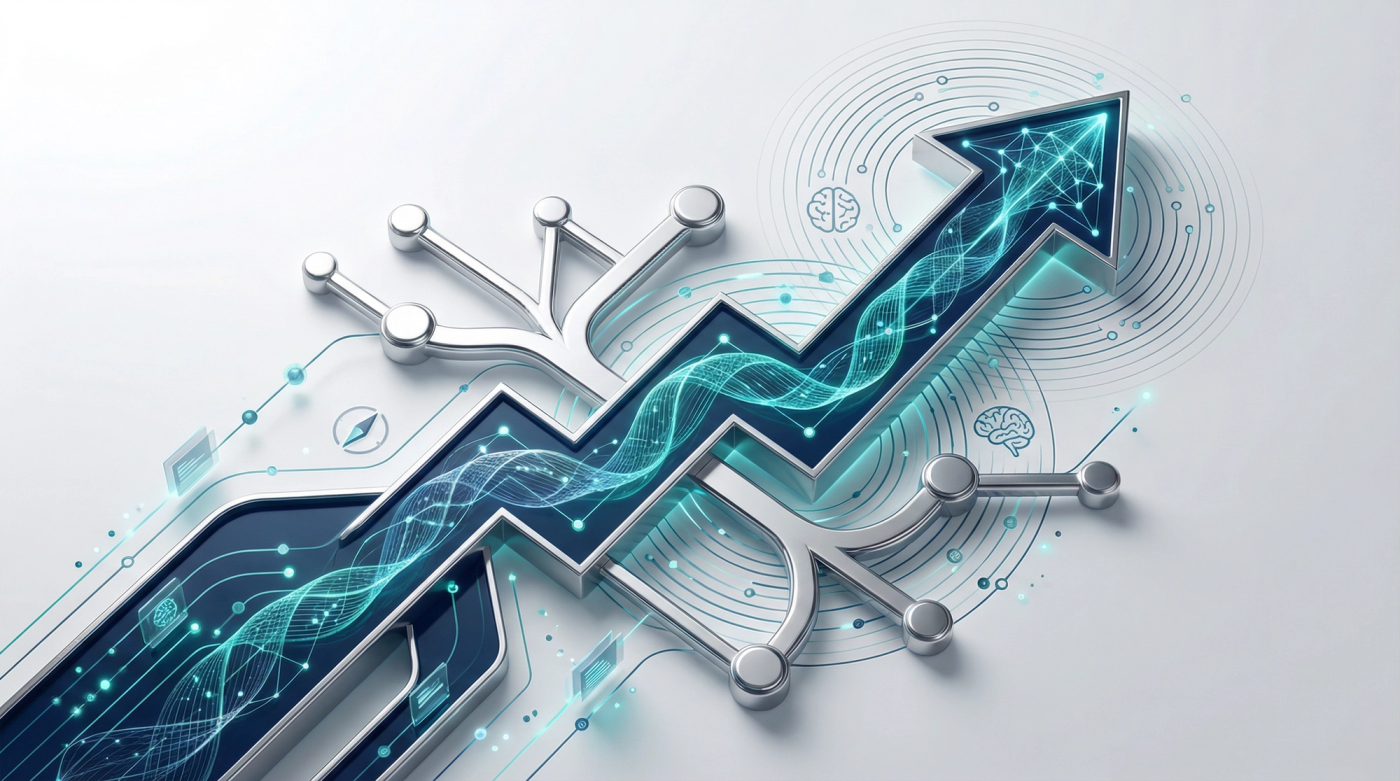 Abstract visualization of AI-powered growth in logistics marketing featuring interconnected network nodes, upward trending arrow with neural network patterns, and digital data streams in professional teal and navy blue