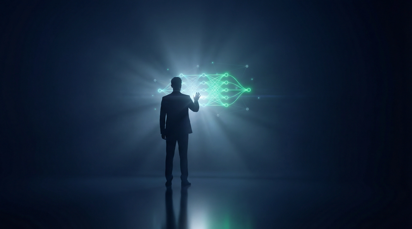 Executive silhouette facing a glowing AI decision intelligence network in a dark futuristic space, representing the shift from task automation to strategic decision-making in logistics — Atlas AI insights on AI strategy vs automation