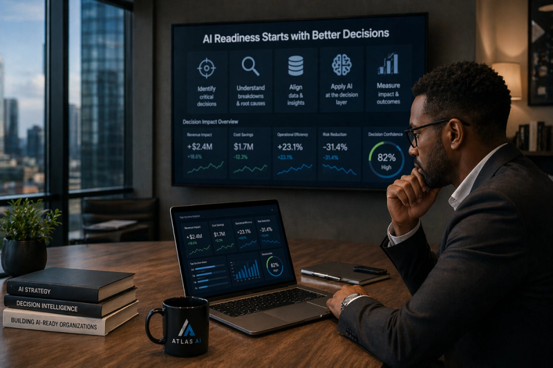 Executive reviewing AI decision dashboard in modern office, illustrating AI readiness for business and decision-first strategy