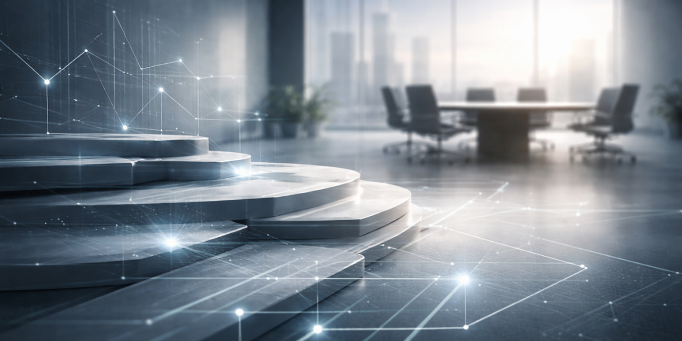 Abstract executive boardroom scene with layered platforms and subtle data connections representing strategic decision-making and systems guiding AI use
