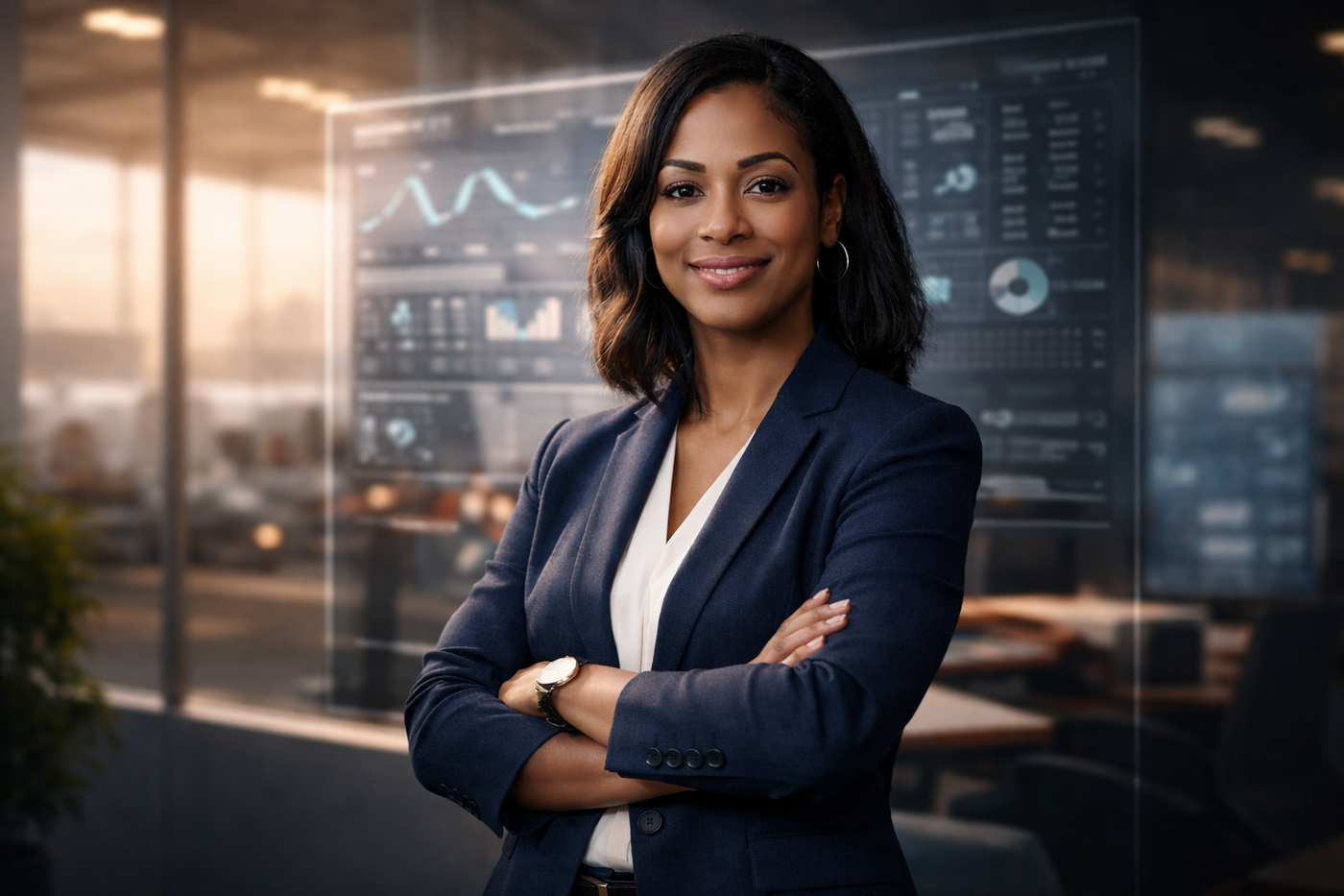 Executive AI strategy consultant standing confidently in a modern office with data analytics displays, representing decision-first AI leadership for logistics and service-based businesses