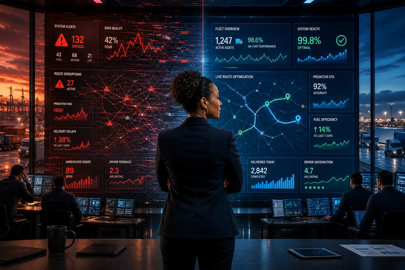 Executive overseeing AI-powered logistics control room, showing contrast between chaotic unstructured data systems and organized scalable AI operations designed for reliability and decision-making under pressure