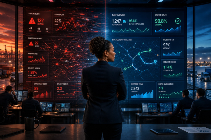 Executive overseeing AI-powered logistics control room, showing contrast between chaotic unstructured data systems and organized scalable AI operations designed for reliability and decision-making under pressure