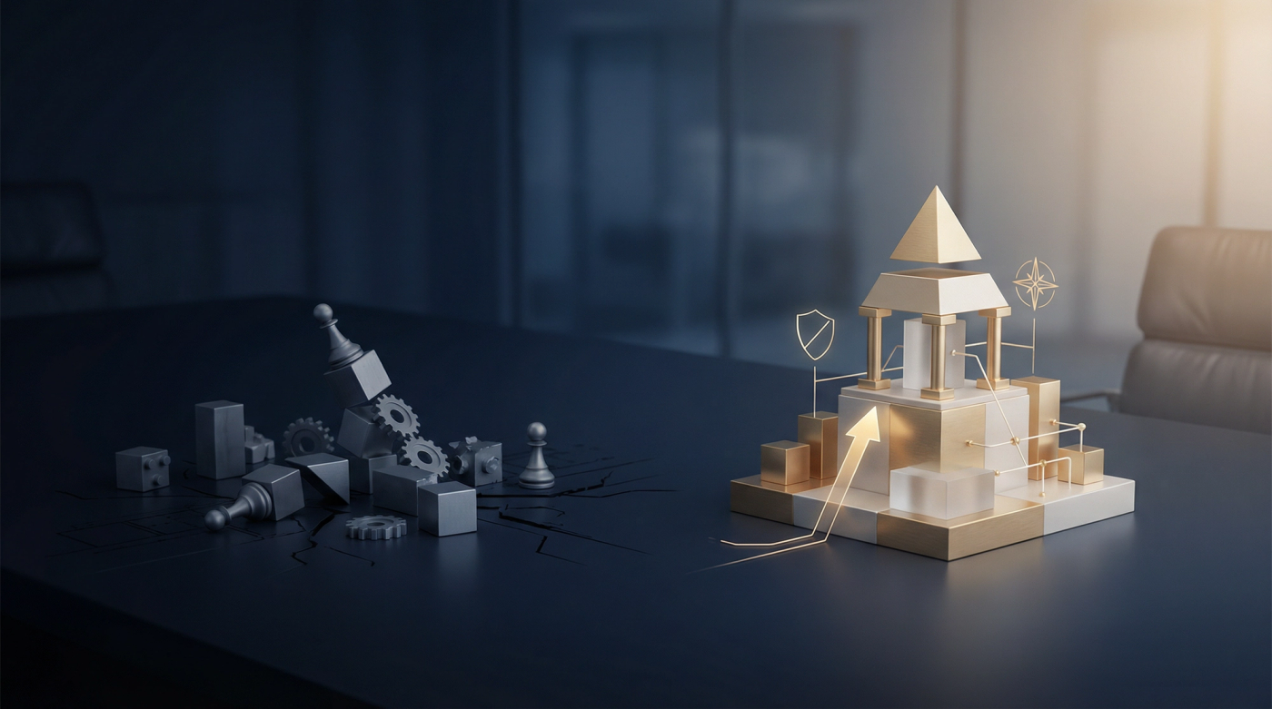 Abstract visual contrasting failed AI initiatives represented by scattered gray chess pieces and gears in shadow, versus successful strategic AI implementation shown as an illuminated gold and white architectural framework with upward arrow, symbolizing decision-first leadership approach