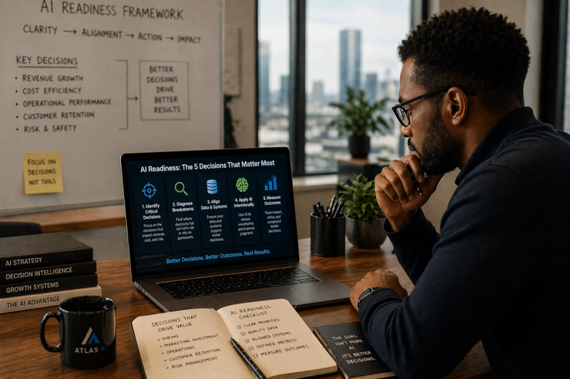 Executive analyzing AI decision framework on laptop and whiteboard in modern office, illustrating decision-first AI strategy for business