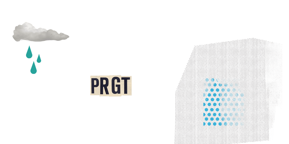 An abstract image with a small cloud and blue raindrops on the left, the text 'PRGT' in the center, and a textured shape with blue dots on the right.