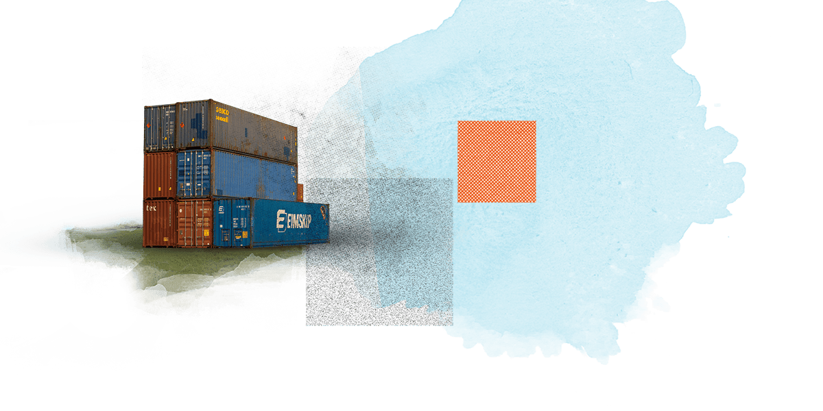 An abstract composition featuring a stack of colorful shipping containers on the left, with textured blue and orange shapes overlapping on the right.