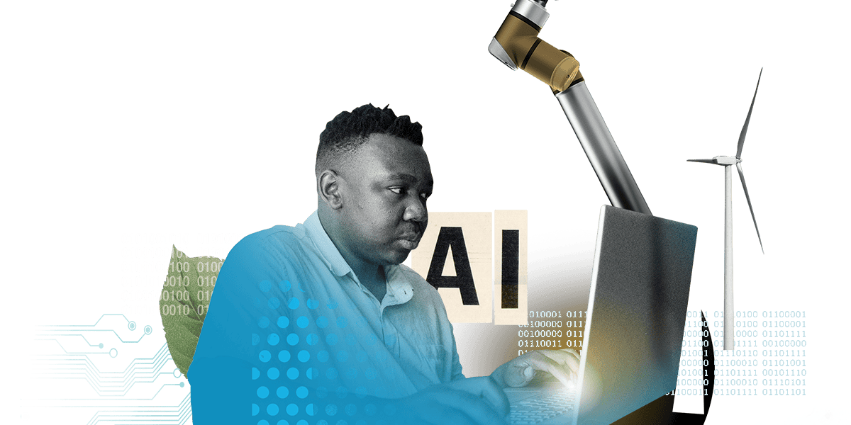 A collage featuring a man in a blue shirt working on a laptop, with a robotic arm above him, the letters 'AI' behind, a wind turbine in the background, and digital binary code patterns scattered throughout, symbolizing technology and digitalization.