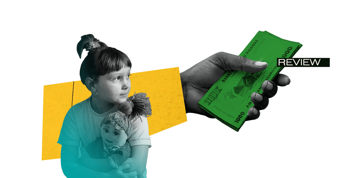 A collage featuring a young girl holding a doll, overlaid with a yellow geometric shape, and a hand holding green banknotes labeled 'REVIEW' on the right.