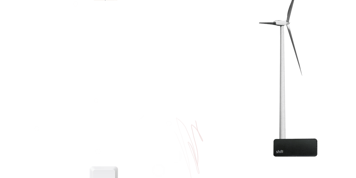 Abstract image with a wind turbine on the right, a small upward arrow symbol in the center, and geometric lines forming a network pattern on the left.