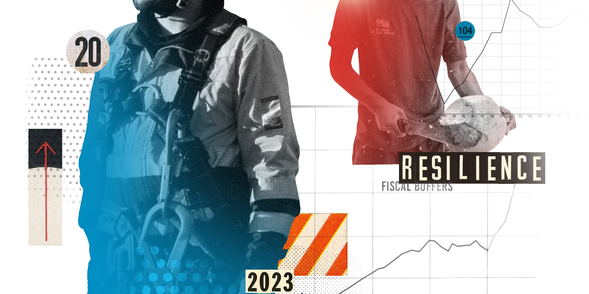 A collage featuring a rescue worker wearing a helmet and safety gear, with a glowing light on the helmet, alongside a man in a red-toned image holding a bowl, both overlaid on a background of charts, clouds, and the words 'Resilience' and '2023' in various fonts and colors.