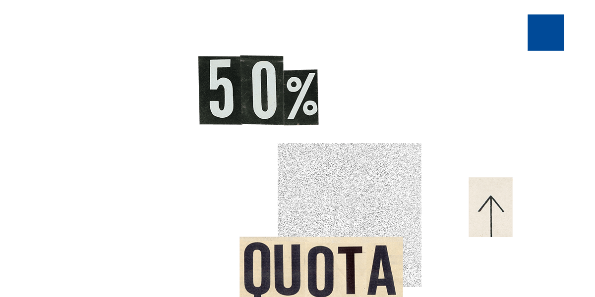 An abstract composition featuring the text '50%', 'QUOTA', a grey textured square, a blue square, and an upward arrow icon.