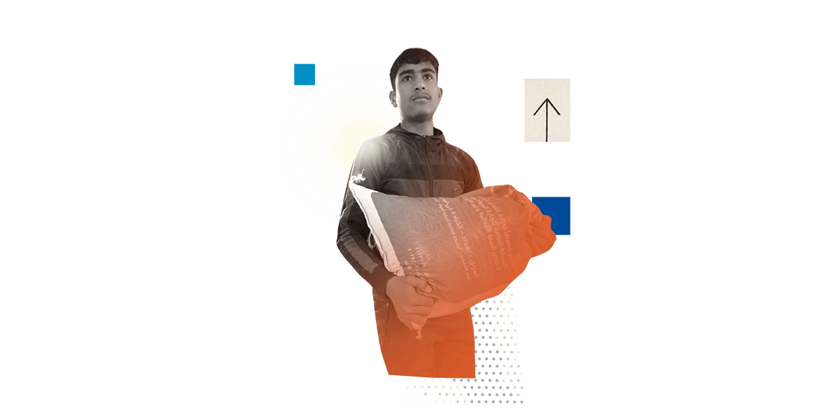 A collage featuring a man holding a large sack with a determined expression, overlaid with red and blue geometric shapes, an upward arrow icon, and a glowing light effect on his shoulder.