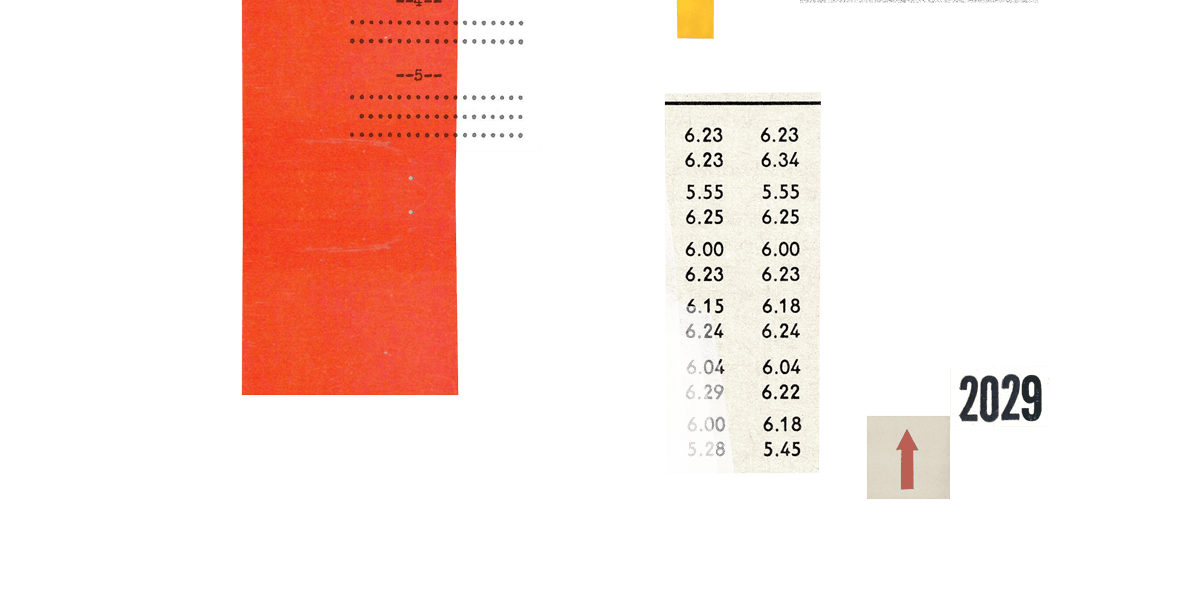 An abstract collage with red, yellow and gray rectangles alongside 2 columns of numbers with 2 decimal points ranging from 5 to 6 and one up arrow next to the year 2029.