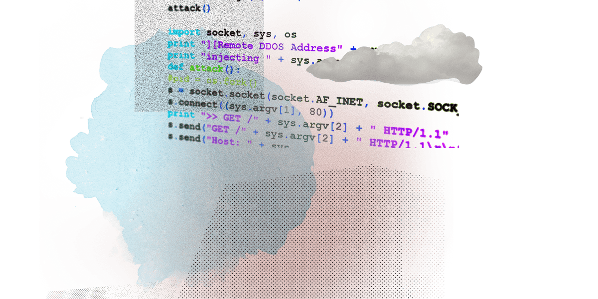 An abstract collage featuring lines of code overlaid on textured clouds and a crescent moon with a small white circle representing a star or moon, set against a dark background.