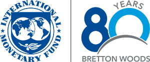 The IMF logo of a split view of the entire globe next to another logo that reads "80 years Bretton Woods"