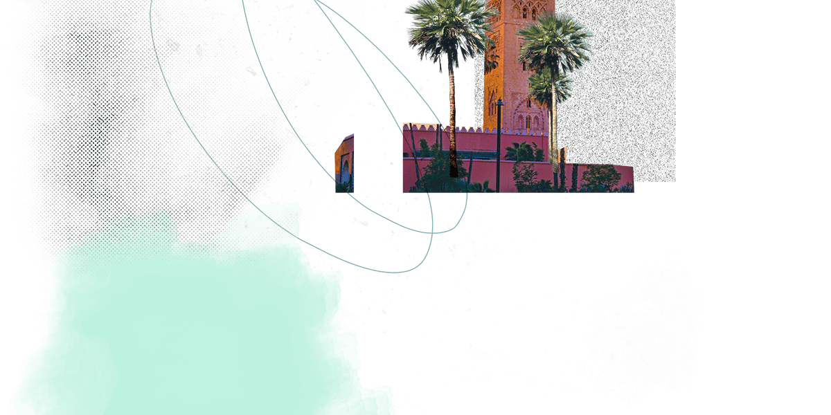An abstract image featuring a textured background with a large blue smudge on the left and an illustration of a building with palm trees on the right. Curved lines add dynamic movement across the design.