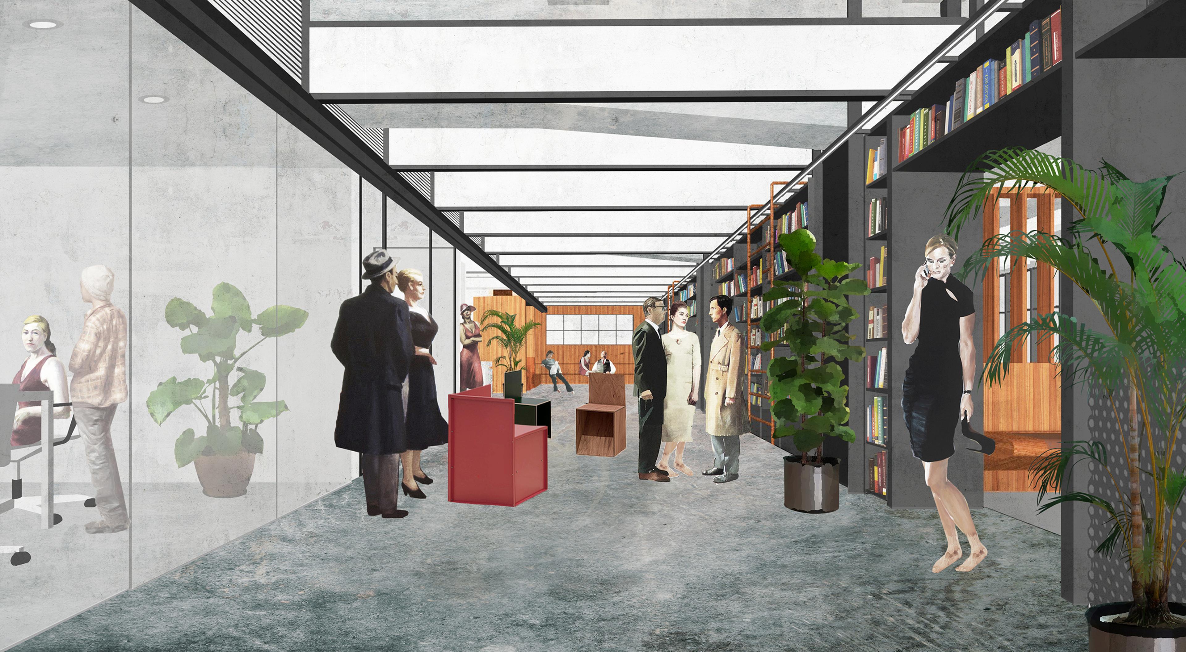 architectural rendering of modern office interior reception area