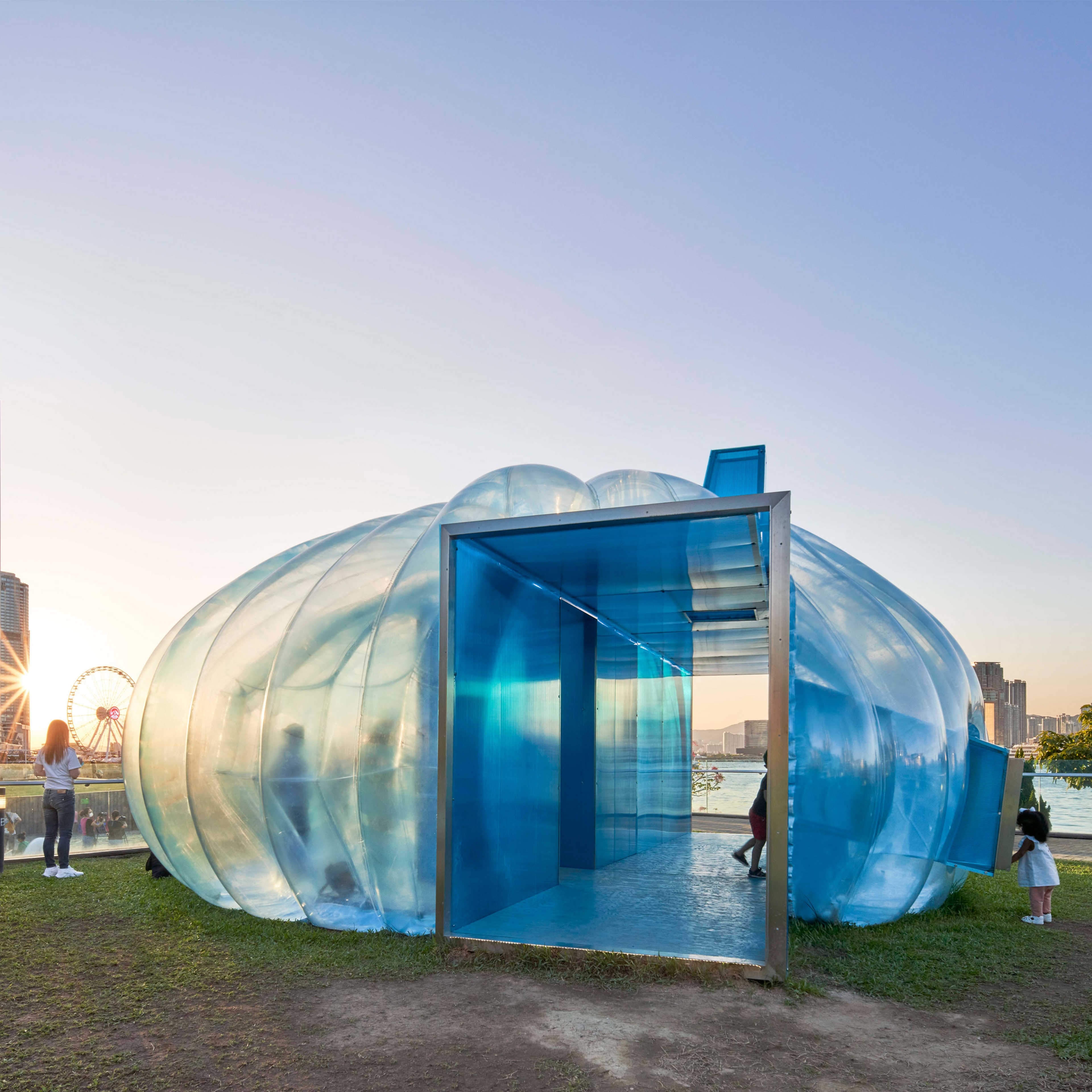 A water bubble like structure in front of Hong Kong skyline