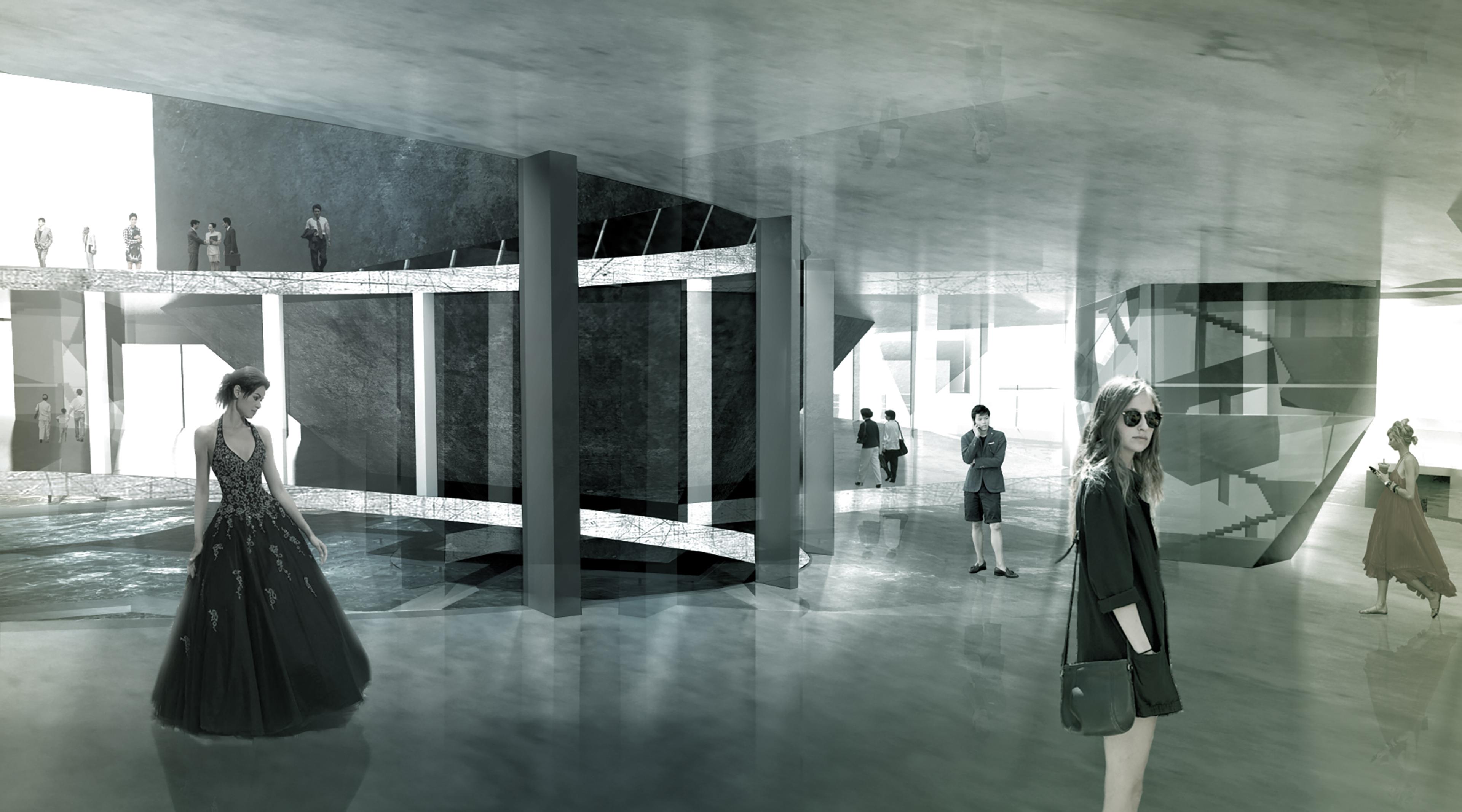 Architectural rendering of inside view opera house building with people