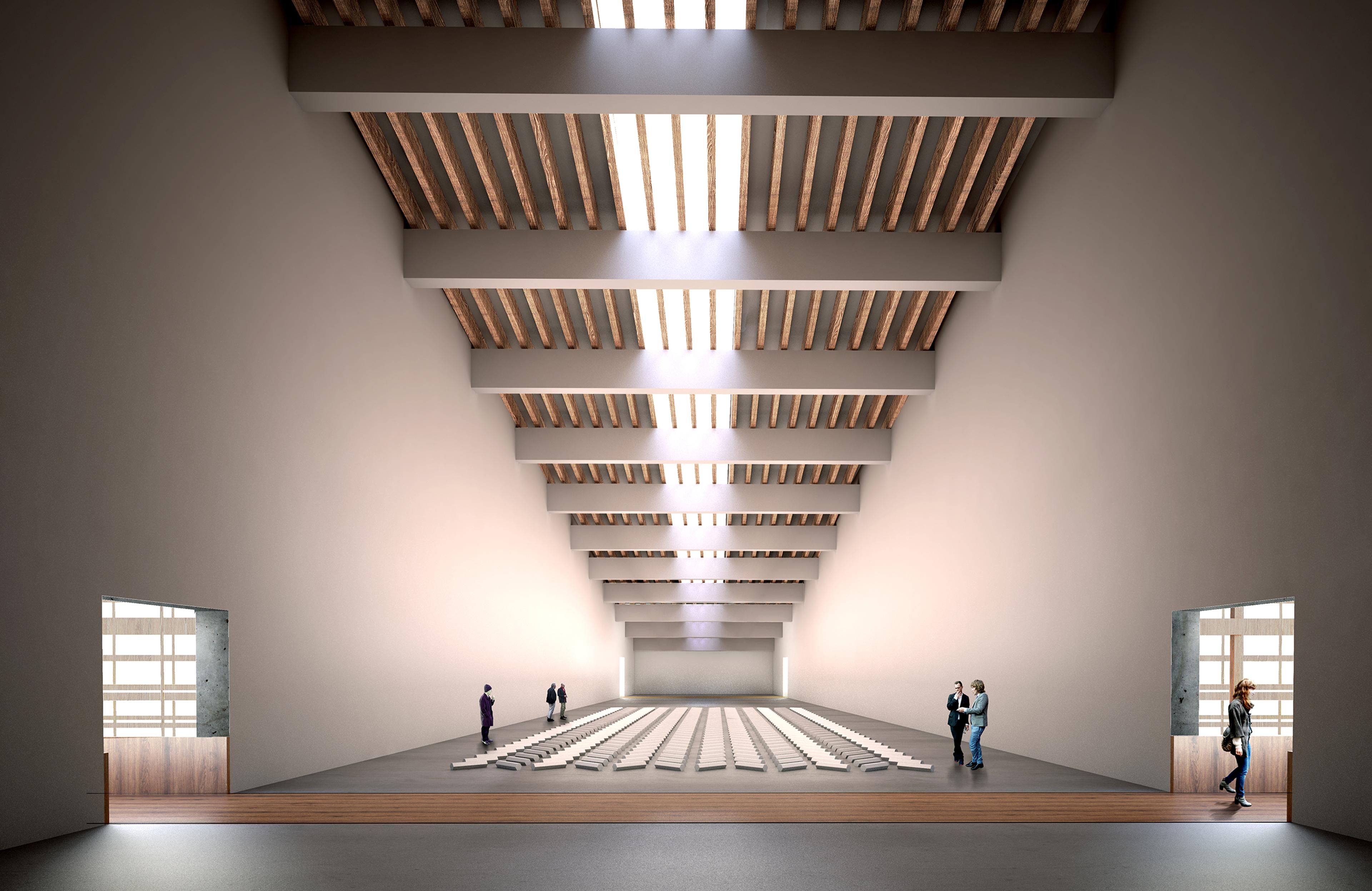 Architectural rendering of a museum structure with high ceilings