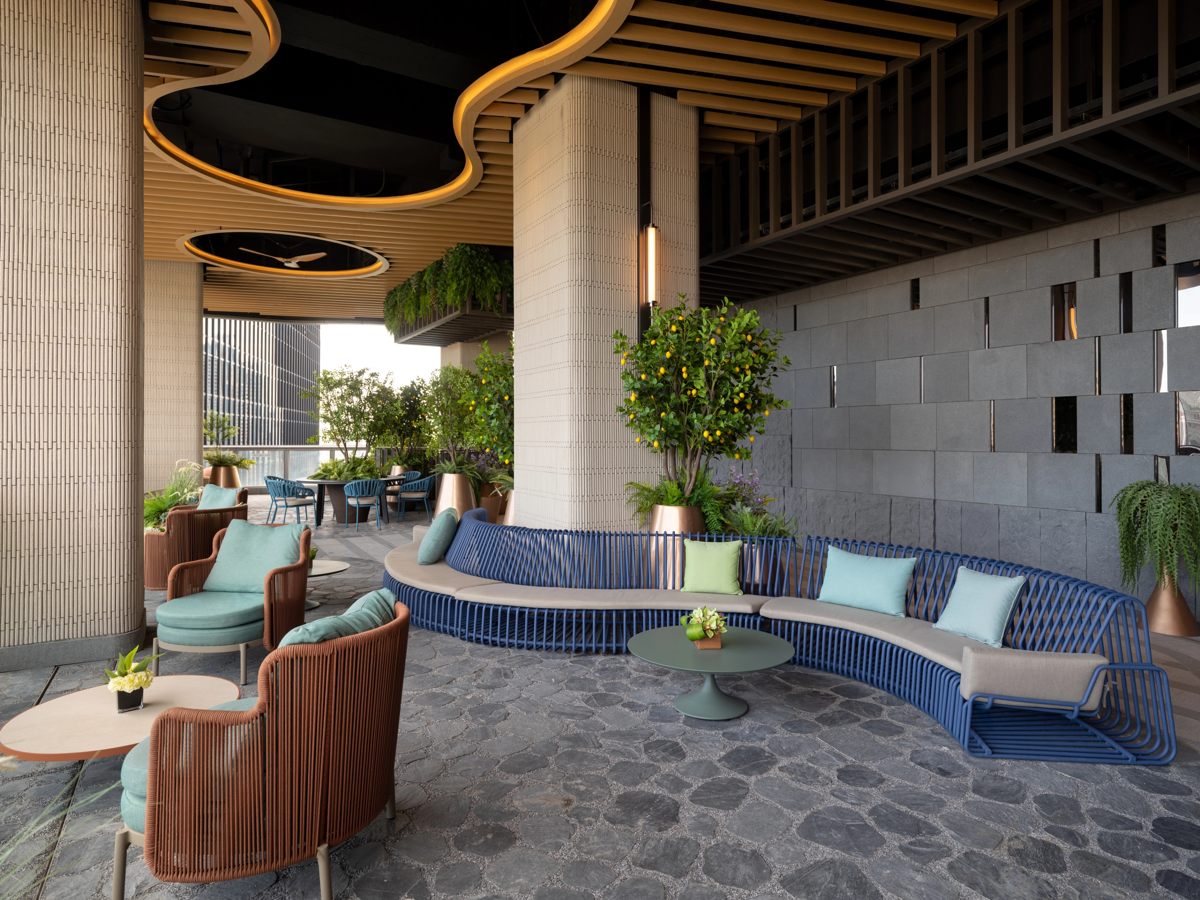 lounge area with textured stone floor