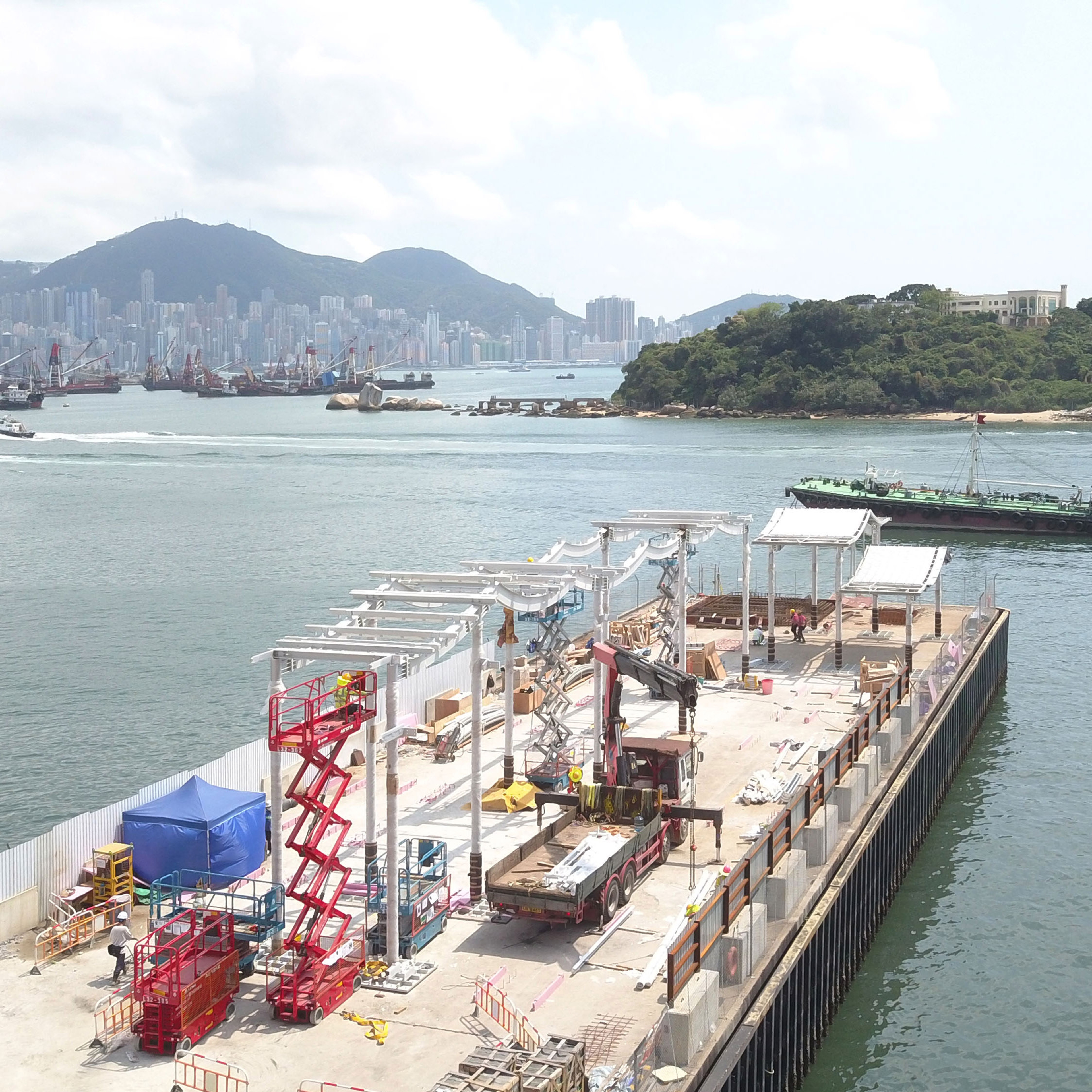 Photography of pier and canopy construction on Hong Kong waterfront