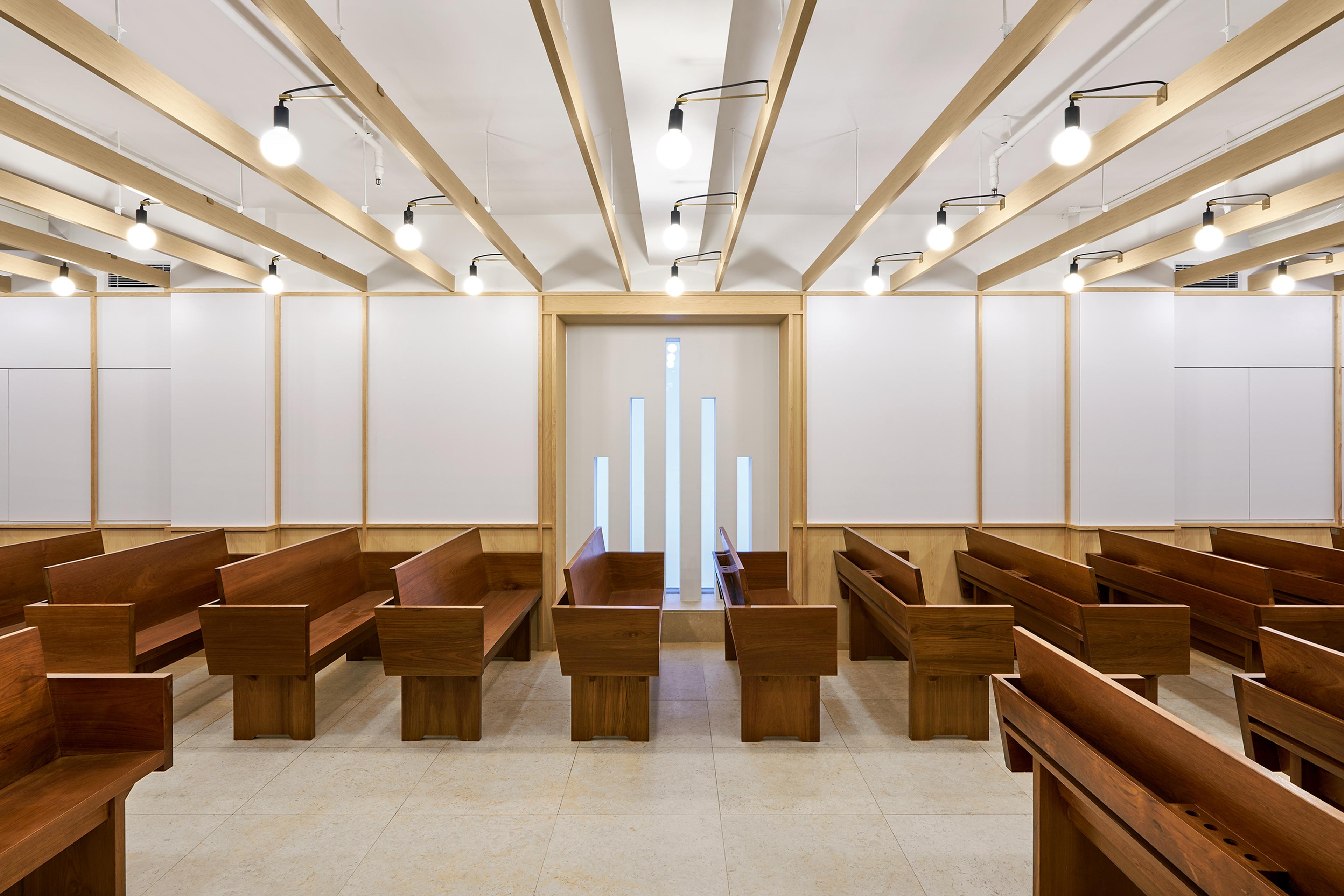 modern church interior with pews