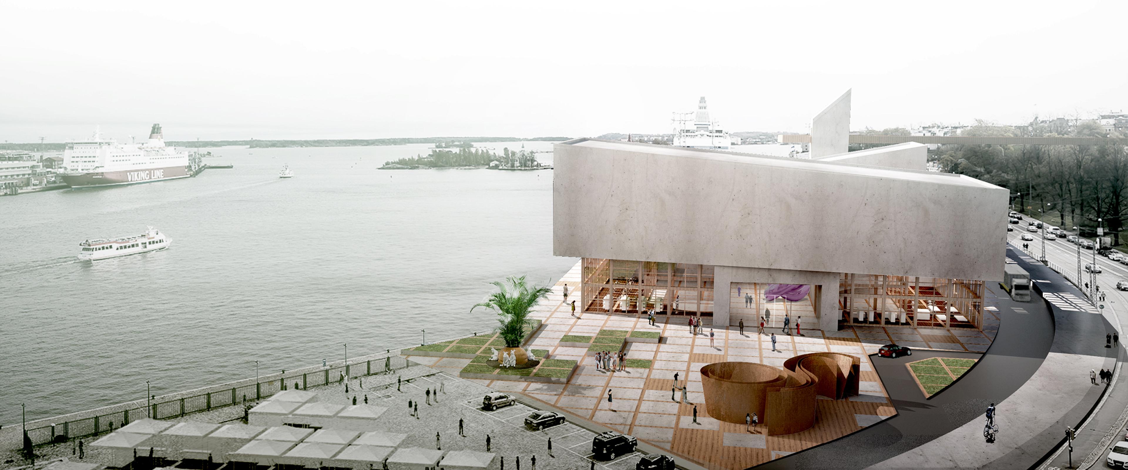 Architectural rendering of a museum structure next to the harbour front and road