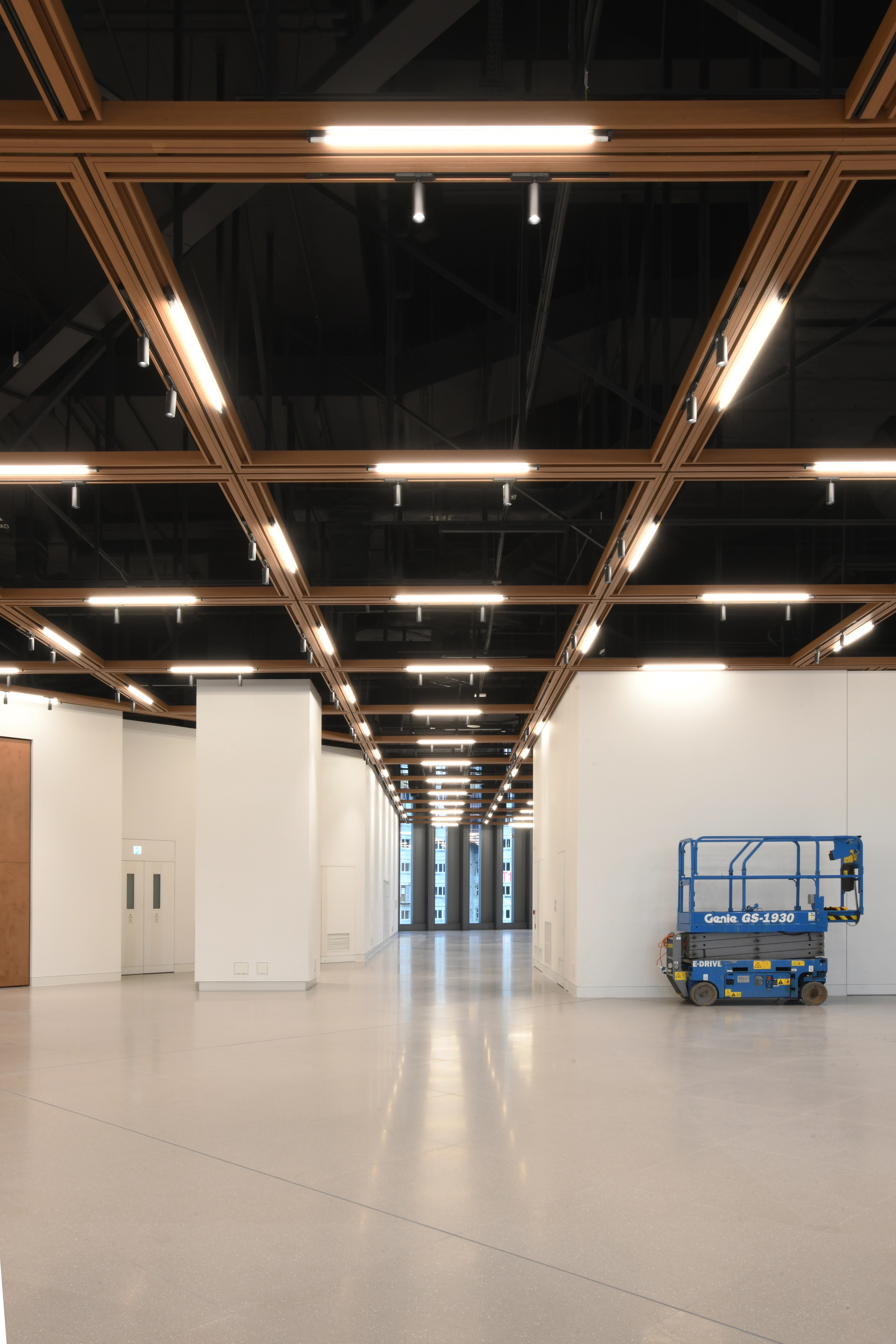 One point perspective of multifunction hall with timber ceiling and white flooring